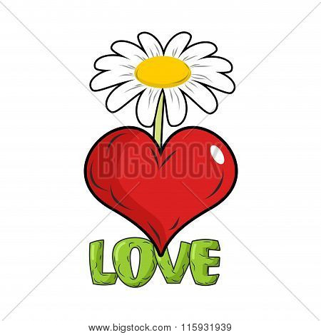 Love. Red Heart And Flower. Template For Tattoos. White Chamomile