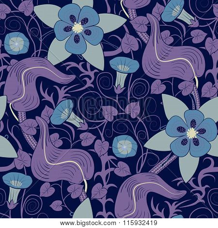 Vector seamless vintage floral pattern. Flowers on a blue background