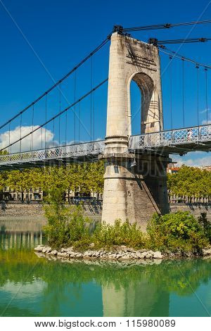 Old Passerelle Du College Bridge Over Rhone River In Lyon, France