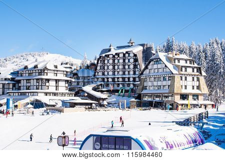 Panorama of ski resort Kopaonik, Serbia, hotels, restaurants, people walking and skiing