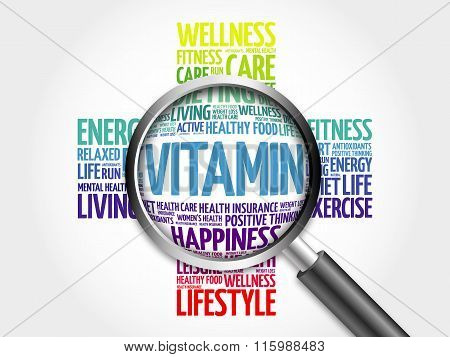 VITAMIN word cloud with magnifying glass, health concept
