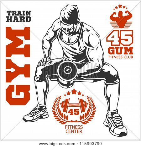 Bodybuilder and Bodybuilding Fitness logos emblems. Sports icons.  Isolated on white.