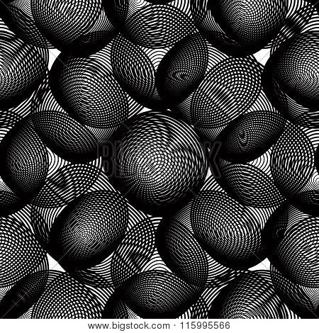 Black And White Illusive Abstract Seamless Pattern With Overlapping Shapes. Vector Backdrop