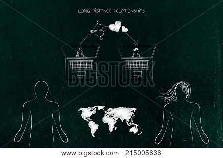 Long Distance Relationships World Map In Between Couple And Laptops With Cupids Bow And Lovehearts