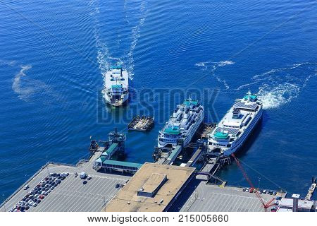 View of Seattle, Washington ferries in Puget Sount from Above.