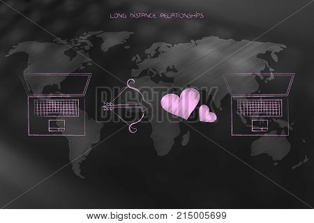World Map With Laptops, Cupids Bow And Lovehearts In Between