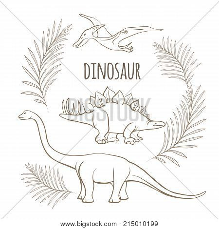 Ancient dinosaurs and palm branches monochrome outline sketch. Huge barosaurus, stegosaurus with thorns on back and pterodactyl with wings vector illustrations.