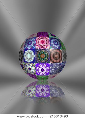 Sphere of digitally created fractal images in beautiful shades of purple with refleciton on silver background