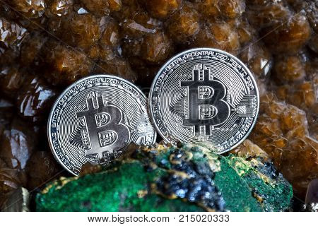 Silver bitcoin in the gem stone. Bitcoin cryptocurrency.