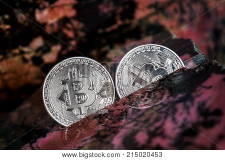 Silver bitcoin in the gem stone. Bitcoin cryptocurrency.
