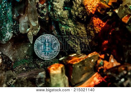 Silver bitcoin in the gem stone. Bitcoin cryptocurrency.