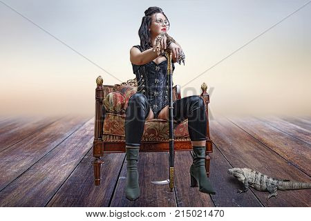 Beautiful girl in steampunk clothes, sitting in chair and leaning on cane with iguana at feet