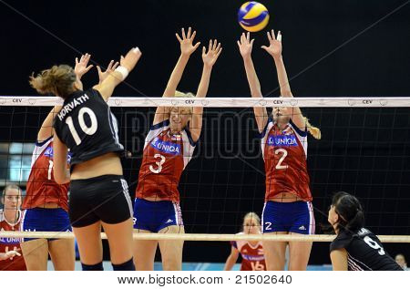 BUDAPEST, HUNGARY - JUNE 18: Dora Horvath (in black 10) in action at a CEV European League woman's volleyball game Hungary vs Czech Republic on June 18, 2011 in Budapest, Hungary.