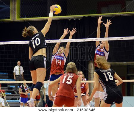 BUDAPEST, HUNGARY - JUNE 18: Dora Horvath (in black 10) in action at a CEV European League woman's volleyball game Hungary vs Czech Republic on June 18, 2011 in Budapest, Hungary.