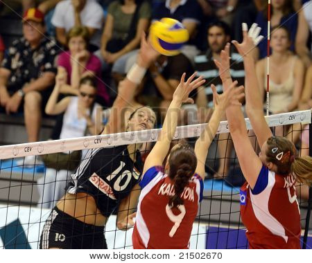 BUDAPEST, HUNGARY - JUNE 18: Dora Horvath (in black 10) in action at a CEV European League woman's volleyball game Hungary vs Czech Republic on June 18, 2011 in Budapest, Hungary.