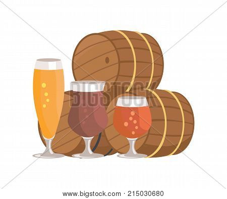 Vector illustration of three beer barrels and glasses of alcohol drinks different types for degustation at october festival on white background.