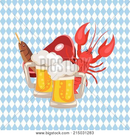 Vector illustration demonstrating set of beer and snacks on checkered background including two pints of beer, well-done crayfish, fish and piece of ham