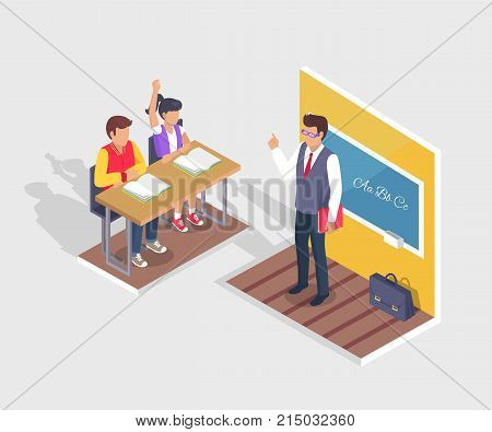 Two students boy and girl sitting at desk with open textbooks and teacher standing near blackboard at grammar lesson vector illustration with shadow