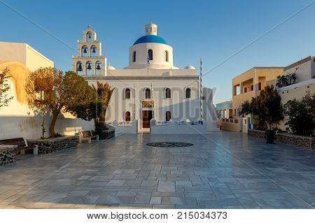 Main white blue orthodox church of Panagia Platsani, in the village of Oia. Santorini.