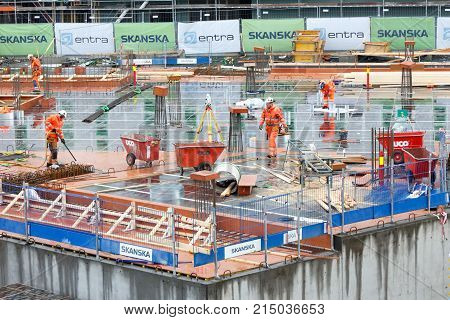 Trondheim Norway - October 16 2017: The Skanska and Entra construction site for the energy-positive office building Powerhouse Brattorkaia located at Brattorkaia.