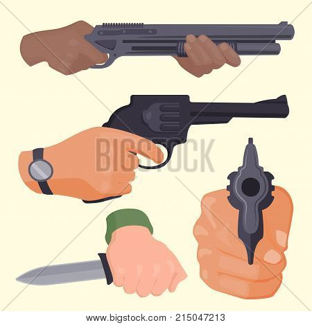 Hand firing with gun protection ammunition. Business startup concept criminal dangerous armed clip violence special revolver. Crime military police firearm hands vector.