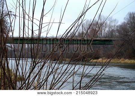 In the center of the photo are bushes of vegetation without foliage. Foliage of opal November. The grass is still green in places. River. The water in the river is gray. Strong flow. The old bridge is green in the background.