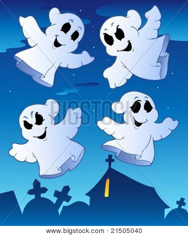 Quatro fantasmas perto de cemitério - ilustração vetorial.