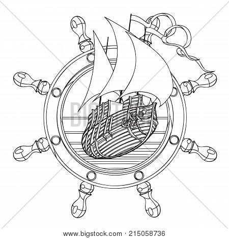 Simple black and white vector badge with sail ship and steering wheel executed in retro print style. File doesn't contains gradients blends transparency and strokes or other special visual effects. You can open this file with any vector graphics editors.