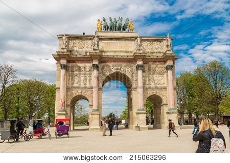 Paris, France, March 31 2017: The Arc de Triomphe du Carrousel is a triumphal arch in Paris, located in the Place du Carrousel
