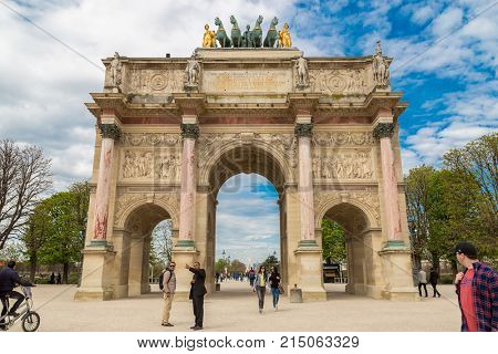 Paris, France, March 31 2017: The Arc de Triomphe du Carrousel is a triumphal arch in Paris, located in the Place du Carrousel