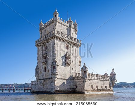 The famous Belem Tower in Lisbon, Portugal. Classified as UNESCO World Heritage it stands as the best example of the Manuelino art.