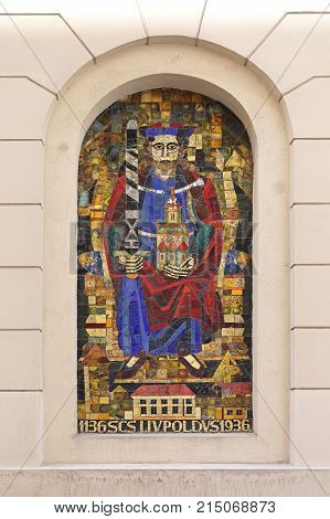 VIENNA AUSTRIA - JULY 11 2015: Saint Leopold Mosaic at Leopold Figl Gasse in Vienna Austria.
