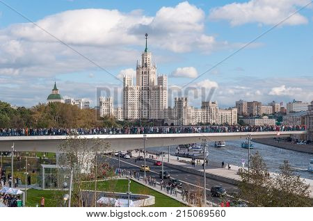 RUSSIA, MOSCOW - SEPTEMBER 16, 2017: New bridge over Moskva river Poryachiy bridge at Zaryadye Park in Moscow, Russia