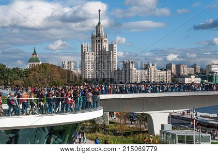 RUSSIA, MOSCOW - SEPTEMBER 16, 2017: New bridge over Moskva river Poryachiy bridge at Zaryadye Park in Moscow, Russia