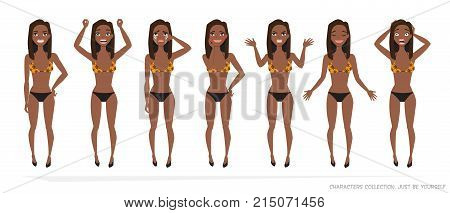 Black african american Woman in a beach swimsuit. Set of emotions and gestures to the young woman. Girl in a different mood. Womens emotions, woman in everyday life.