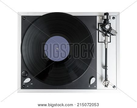 Aerial view top down onto a vinyl record on vintage hi-fi stereo disc turntable isolated against white background