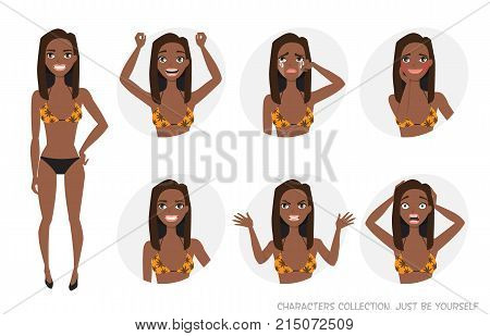 Black african american Woman in a beach swimsuit. Set of emotions and gestures to the young woman. Girl in a different mood. Womens emotions, woman in everyday life.
