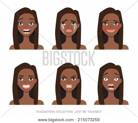 Black african american Woman in a beach swimsuit. Set of emotions and gestures to the young woman. Girl in a different mood. Womens emotions, woman in everyday life.