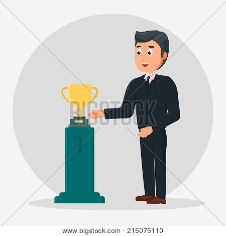Successful businessman concept. Happy businessman standing near with champion cup. illustration on business and office employees. Vector Illustration