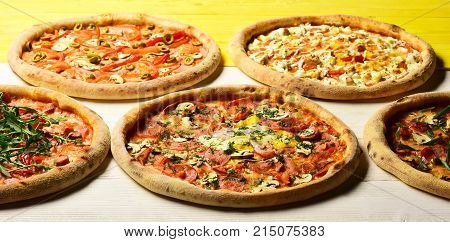 Italian Pizza And Pizzeria. Take Away Food With Various Ingredients