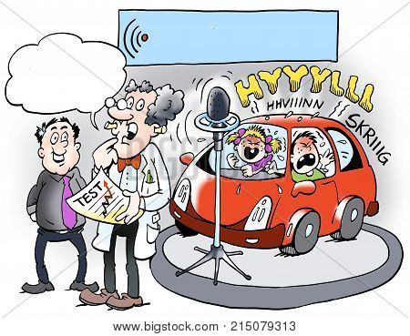 A professor testing the noise level in a new car