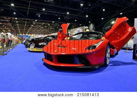 DUBAI UAE - NOVEMBER 18: The Ferrari LaFerrari sportscar is on Boulevard of Dreams on Dubai Motor Show 2017 on November 18 2017