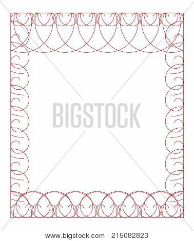 Open-work frame with abstract ornament of curled lines. White background, red repeated pattern. Effect of pleached wire. EPS10 illustration