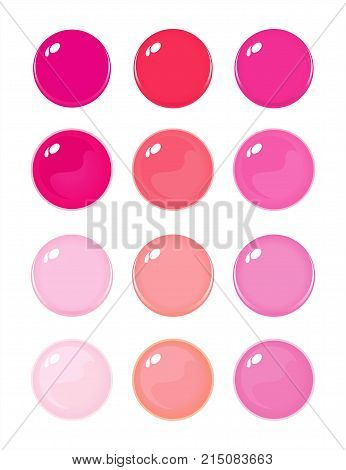 Illustration of icon bottons isolated on white. Set of light pink, orange, purple color labels, 12 bottons. Multicolored glass balls. Vector