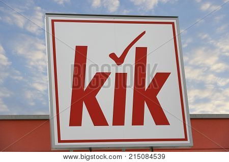 LINDEN GERMANY JULY 2017: KIK textile discounter chain sign. KIK is a GERMAN textile discounter chain based in Bönen Nordrhein Westfalen Germany.