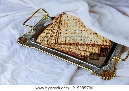 Passover Background. Matzoh Wooden Table.