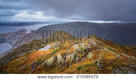 Dramatic panoramic landscape of mountains from Mount Ulriken above Bergen city, Norway