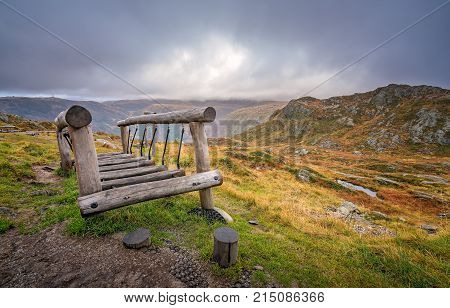 Small wooden bridge on the playground for children on the summit of Mount Ulriken, Bergen, Norway