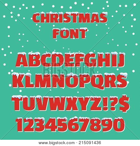 Christmas holiday vector red font. Christmas font with snow and ice abc and digit illustration on green background. Retro 3d font with snow caps.