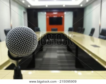 Microphone And Modern Table Boardroom With Chair / Meeting Associate Concept. Technology